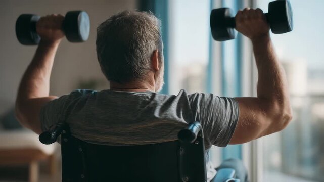 Senior man exercising with dumbbells in wheelchair indoors focused on strength training rehabilitation healthy lifestyle active aging fitness motivation and recovery after injury