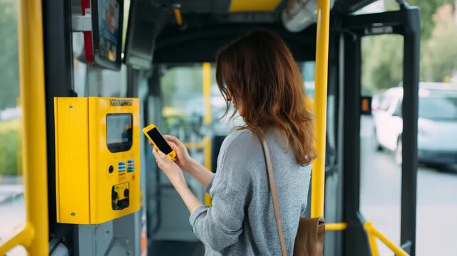 Woman paying for public transport using smartphone near ticket validator inside city bus modern urban mobility cashless payment daily commute travel technology lifestyle concept