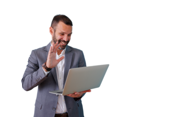 Professional businessman waving during video call, holding laptop, smiling, on transparent background