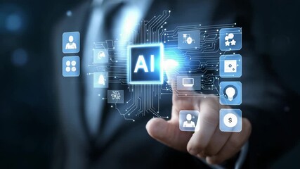 Business professional touching virtual AI interface with glowing circuit board symbolizing artificial intelligence digital transformation automation data processing and future technology innovation - Powered by Adobe