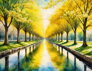 vibrant watercolor painting of a symmetrical path or canal lined with bright yellow flowering trees and their green reflection creating a dreamy spring tunnel effect