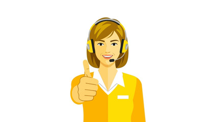 Friendly female customer service representative giving a thumbs up gesture, conveying satisfaction and approval, isolated on a white background, symbolizing excellent support