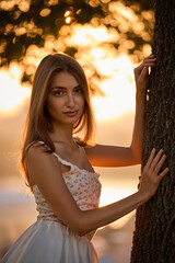 Slavic Woman in Lace Dress by Tree