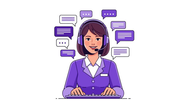 Professional Customer Support Agent Wearing Headset and Typing on Keyboard Surrounded by Speech Bubbles Representing Communication