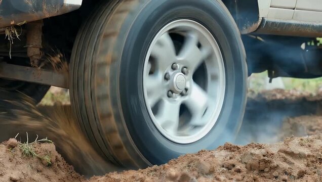 dynamic 4K close up of car tire spinning and slipping while stuck in dirt heating up and producing steam captured with selective focus for automotive off road or vehicle action stock