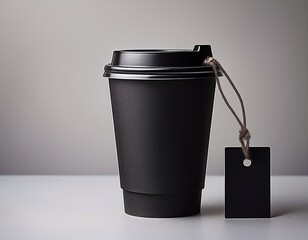 black disposable coffee cup with blank tag on white surface ai