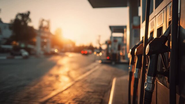 Fuel pump and nozzle at city gas station with cars passing by at sunset symbol of urban transport energy demand refueling routine and modern mobility