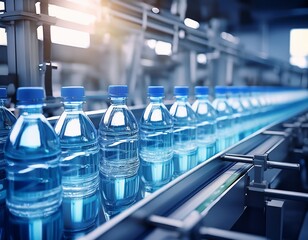 close up view of water moving along a conveyor bottling plant production line in a factory ai generative