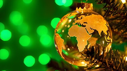 Christmas World Map Globe Ornament Ball in Gold and Green Colors