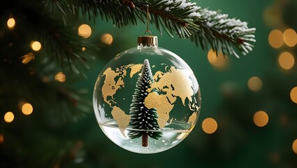 Christmas World Map Globe Ornament Ball in Gold and Green Colors