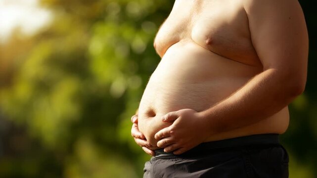 Overweight male torso with visible belly fat outdoors highlighting obesity weight gain and body health concept lifestyle nutrition physical condition and medical risk awareness natural light