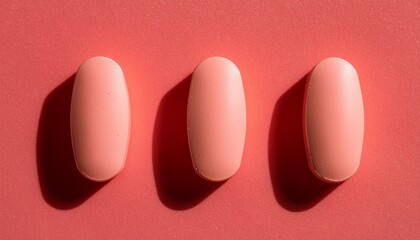 close up abstract 3d pattern of raised matte oval shapes resembling pills on a coral pink background ideal for minimalist graphic design cosmetic packaging or health and wellness advertising