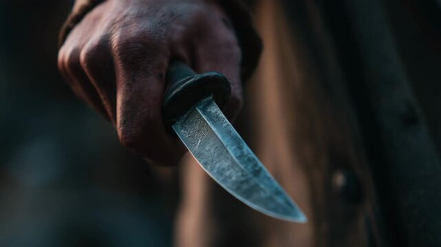 Man holding sharp knife close up symbol of threat risk and personal security concept dark background dramatic mood cinematic realism visual storytelling context awareness photography scene details foc