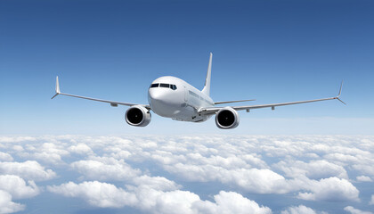 Obraz premium White Airplane Boeing 737 Max Modern Passenger Jet Plane Flying Above White Clouds and Blue Sky Front View Angle