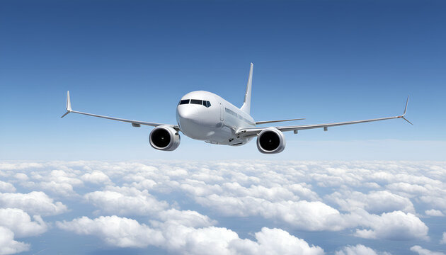 White Airplane Boeing 737 Max Modern Passenger Jet Plane Flying Above White Clouds and Blue Sky Front View Angle
