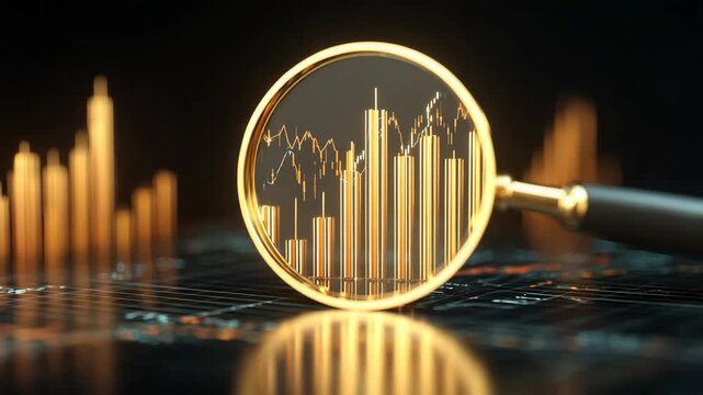 Magnifying glass over financial chart symbolizing cryptocurrency markets gold prices and investment analysis finance trading growth volatility and economic data concept