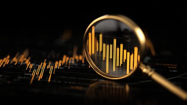 financial data analysis concept with magnifying glass focusing on golden market chart showing trends analytics investment growth risk management and business intelligence in modern digital economy