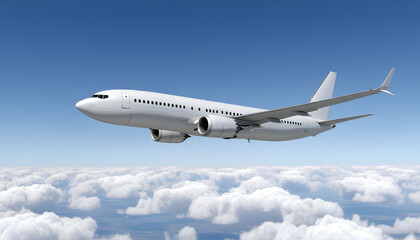 Fototapeta premium White Airplane Boeing 737 Max Modern Passenger Jet Plane Flying Above White Clouds and Blue Sky Side View Angle