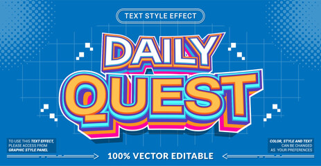 Editable text effect vector &ldquo;Daily Quest&rdquo; features bold 3D colorful lettering inspired by gaming challenges, rewards, and fun missions, perfect for playful and energetic visuals.