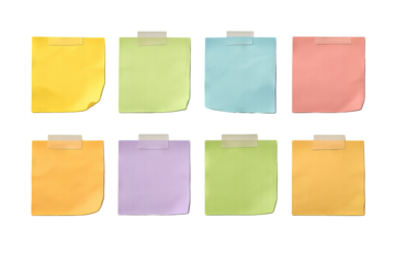 Png set of colorful sticky notes on glass isolated on transparent background. concept of office supplies, creative reminders, vibrant stickies, organizational tools for workspaces.
