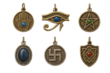 Png set of protective amulets collection isolated on transparent background. concept of spiritual symbols, talisman design, mystical jewelry, ancient charms for decor