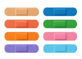 Png set of colorful plasters in assorted shades isolated on transparent background. concept of first aid, medical supplies, bandage variety, simple healthcare essentials