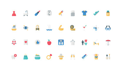 Healthy lifestyle and holidays celebration, beauty and sports for health care color icon set. Fitness in gym, weight control with diet planning, shopping and hygiene flat elements vector illustration