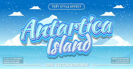 Editable text effect vector &ldquo;Antartica Island&rdquo; showcases bold 3D lettering with icy textures, cold winter tones, snow and frozen vibes, perfect for arctic, winter, and ice themed visuals.