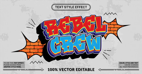 Editable text effect vector &ldquo;Rebel Crew&rdquo; features bold graffiti-inspired 3D lettering with solid shadows and abstract attitude, perfect for street culture, music, youth, and urban visuals.