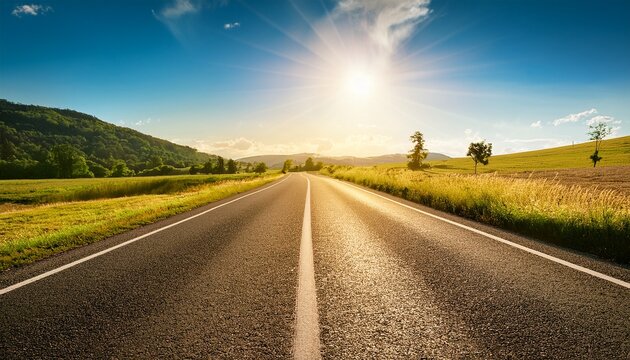Sunny Road To Anywhere Single Point Perspective Down A Country Highway In Summer Warm Day To Drive Or Travel To Anywhere