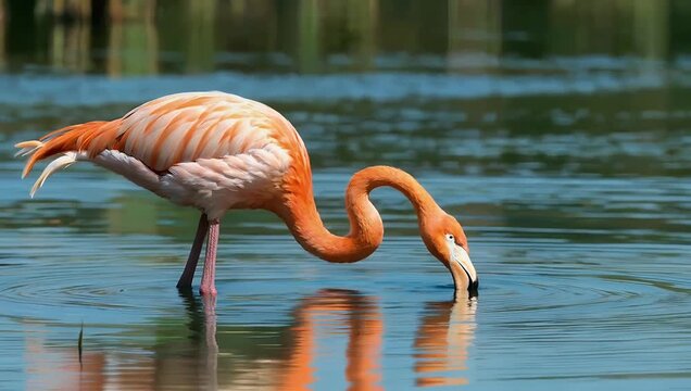 cinematic 4K close up of vibrant flamingo delicately sipping water highlighting its vivid orange fea rs against calm muted water tones perfect for wildlife bird or tropical stock
