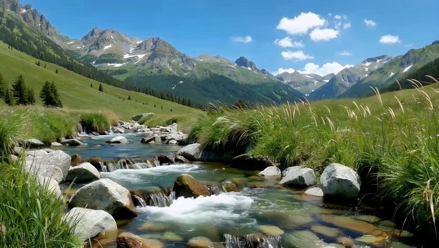 peaceful 4K cinematic view of mountain stream flowing over rocks with gentle grasses swaying in wind capturing idyllic alpine scenery in European Alps perfect for nature relaxation and outdoor stock