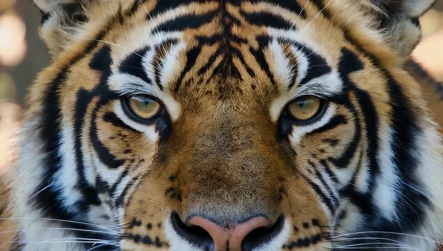 mesmerizing 4K close up of tiger&rsquo;s unblinking amber eyes showcasing intricate textures intensity and intelligence perfect for wildlife animal behavior or dramatic cinematic stock