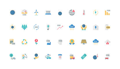 Naklejka premium CO2 emission and pollution decrease, global greenhouse gas and exhaust reduction color icon set. Carbon dioxide offset, atmosphere, environmental contamination flat elements vector illustration