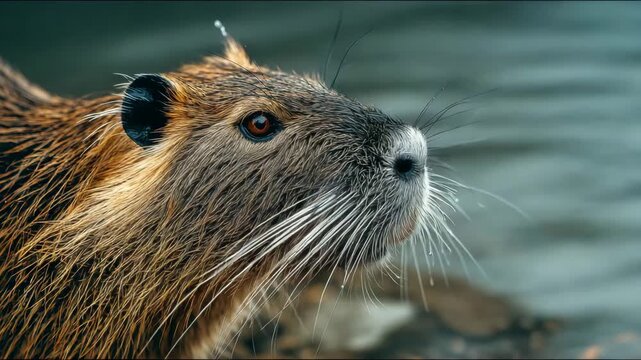 Nutria rodent close up with wet fur and long whiskers near water wildlife nature portrait showing aquatic mammal in natural river habitat calm outdoor scene
