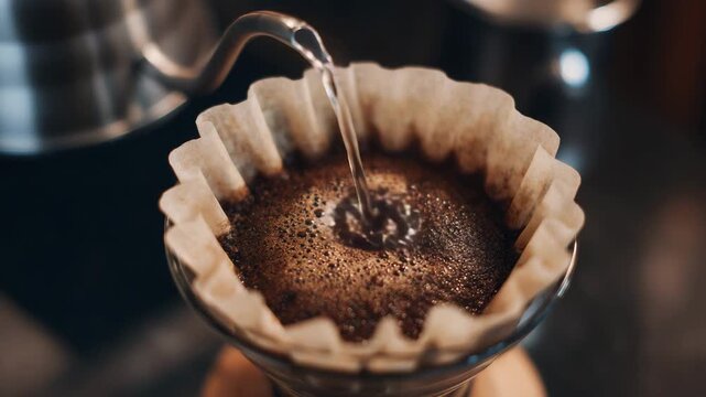 Pour over coffee method with hot water streamed from kettle onto ground coffee in paper filter showcasing manual brewing craft coffee process and aromatic beverage preparation close up