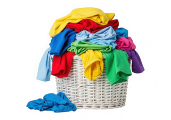 A full white woven laundry basket overflowing with colorful clean clothes and a pile of blue socks on the side isolated on transparent background