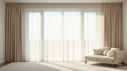 Contemporary open plan interior featuring elegant off-white curtains. Soft diffused daylight, neutral palette and premium textile decor for modern luxury living spaces