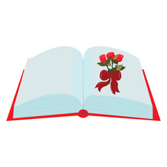 An open book with an elegant bouquet of three bright red roses tied with a red bow depicted on the page. Vector illustration isolated on a white background.