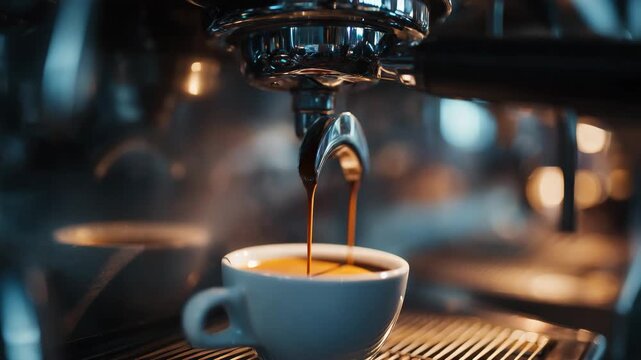 Close up of espresso brewing into cup from coffee machine illustrating barista process coffee culture caffeine ritual aroma and cozy cafe atmosphere with dramatic light and shallow depth