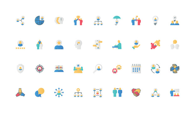 Collaboration in group and teamwork, corporate company organization, managers unity color icon set. Partnership and friendship support, alliance mechanism and meeting flat elements vector illustration