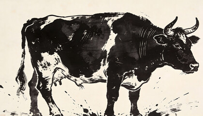 Artistic black ink wash painting of a cow with expressive splatters