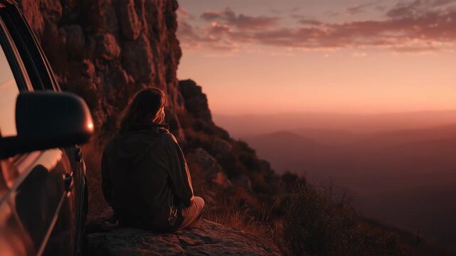 Traveler resting beside car on rocky cliff during sunset gazing at horizon expressing freedom adventure self reflection road trip lifestyle and connection with nature in serene evening light