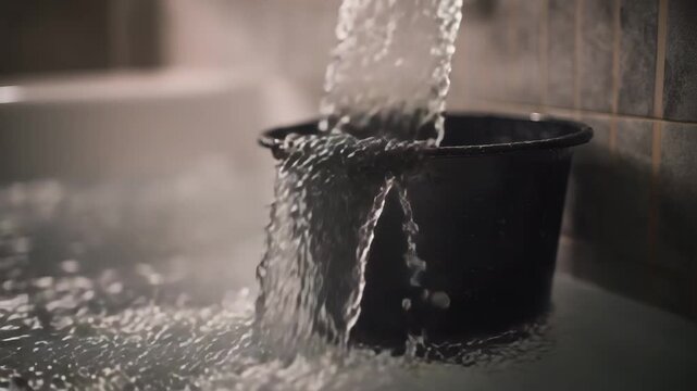 Water overflowing from bucket in bathroom sink symbolizing household flooding plumbing problem leak emergency damage risk and domestic water management issue