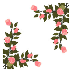 A frame decorated with light pink roses and buds on a climbing stem in the upper right and lower left corners. Vector illustration isolated on a white background.