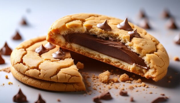 delicious cookie split in half revealing creamy filling and chocolate chunks surrounded by crumbs showcasing the texture and indulgence of a sweet treat