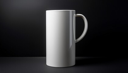 A White Cylindrical Mug With A Rounded Handle Against A Solid Black Background