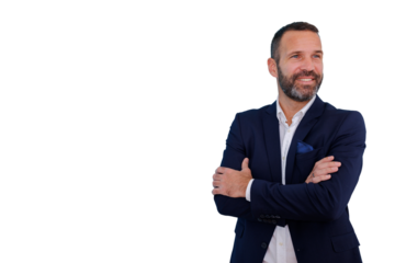 Confident businessman standing with arms crossed, smiling, portraying success, professionalism, and leadership on transparent background