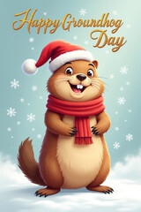 Smiling groundhog wearing a red hat and scarf stands on snow with festive winter background and greeting text, soft light and seasonal holiday atmosphere