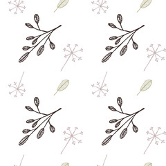 Diagonal seamless botanical pattern featuring array of winter greens, leaves, and delicate blossoms for elegant wallpaper